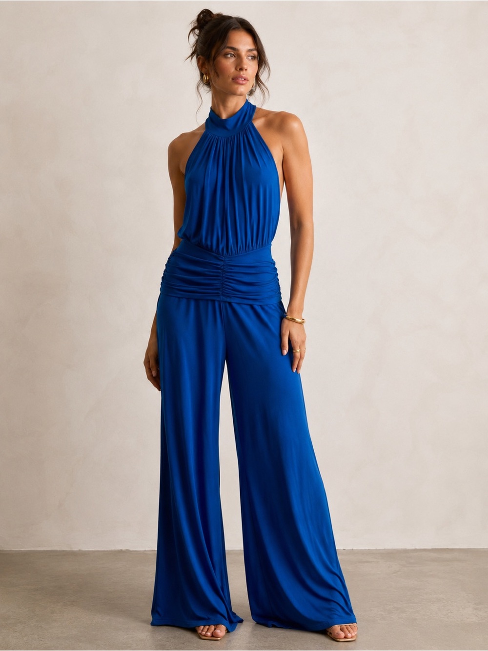 Y2K Unaluna Cobalt Blue Halter Jumpsuit Wide Palazzo Legs Ruched Waist NWOT